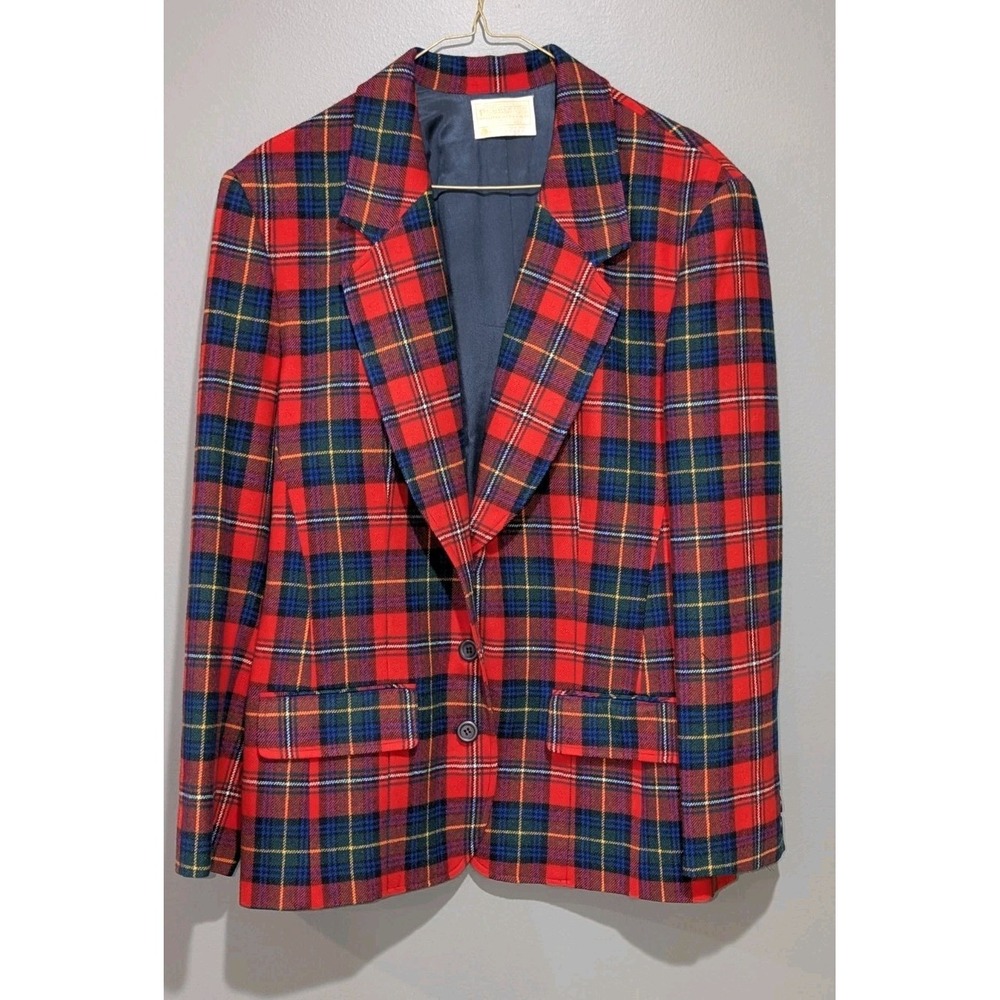 Vintage 1970s–80s Pendleton Red Tartan Plaid 100% Virgin Wool Blazer Size 14 USA